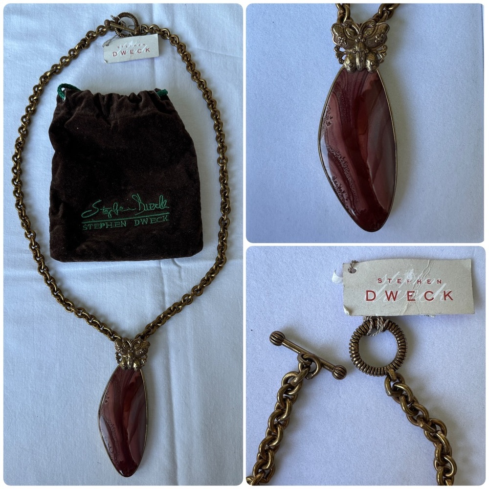 New Stephen Dweck Vintage Bronze Butterfly Pendant Red Dendritic Jasper Necklace